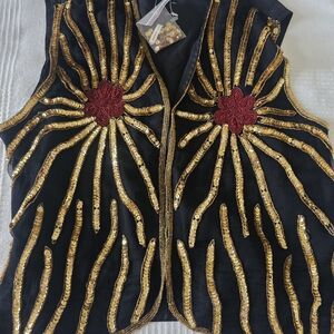 Hand Beaded Black Sequin Vest Gold Embellished Boho Festival